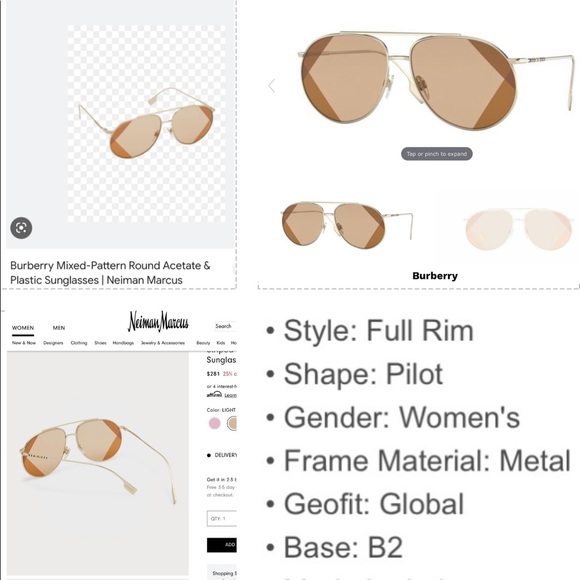 BURBERRY PILOT GOLD-TONE METAL AVIATORS WITH 2 TONE DESIGN DETAILING ON LENSES - Picture 5 of 16